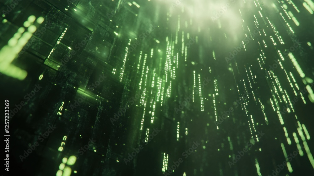 Poster Green digital code streams vertically over a structured surface