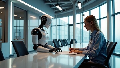 Woman signing a document with robot in modern office. Technology and AI concept. For banner, flyer, business presentation.