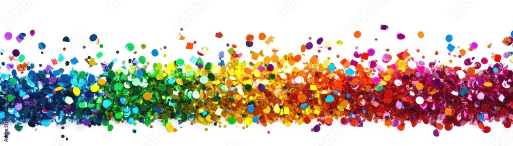 Poster Sparkling colorful glitter cascade lying horizontally on a white background