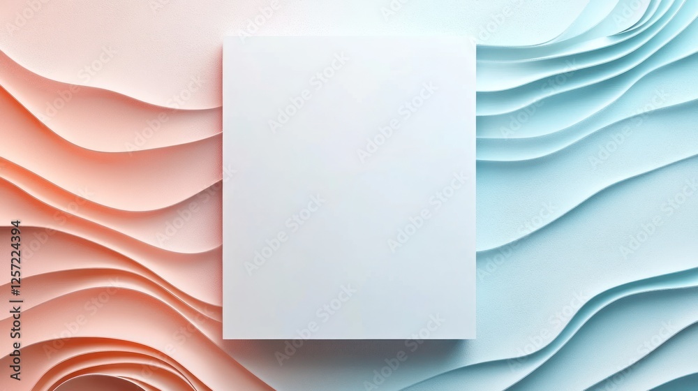Poster white rectangular card is placed between colorful wavy paper