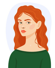 Portrait of a young woman with curly red hair and green eyes. Women's day. Pretty european girl in green clothes. Vector illustration.