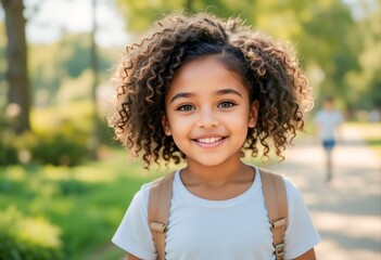 Smiling curly African American girl with a backpack walks through a sun-drenched park on a warm summer day