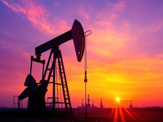 Oil pump silhouette against vibrant sunset sky with clouds and warm colors in the background