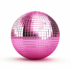shiny pink disco ball reflecting light, perfect for parties and celebrations. Its vibrant color and mirrored surface create lively atmosphere