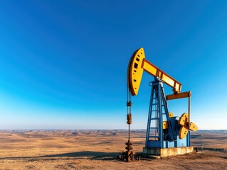 Fototapeta premium Oil pump working in a vast desert landscape under a clear blue sky during daylight hours