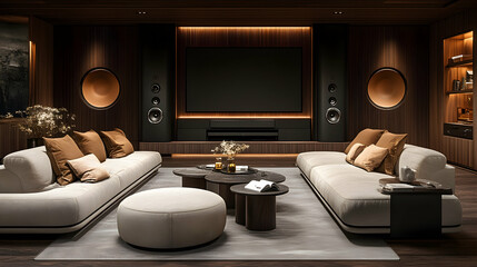 Illustration - Modern Home Theater Interior Design, Luxury Living Room, Entertainment Center