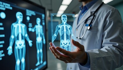 Doctor holding a transparent display with human figure on the background of screen. Medical, health and technology concept for banner, advertising, poster, flyer