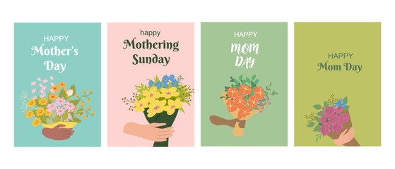 Floral cards celebrating mother's day and mothering sunday in vibrant styles.