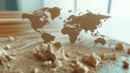 World map silhouette formed by floating brown particles on a beige background