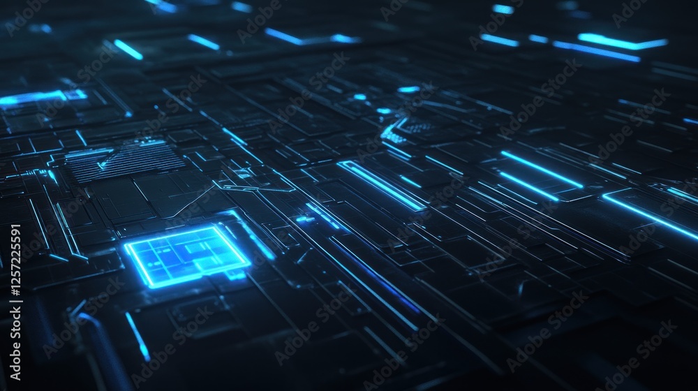 Poster futuristic circuit board displays glowing blue lines and components