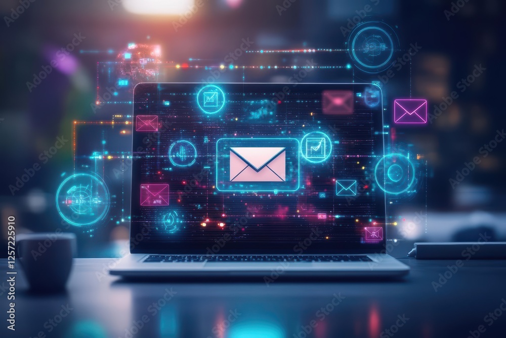 Poster Laptop with multiple email icons displayed on the screen in a modern workspace setting