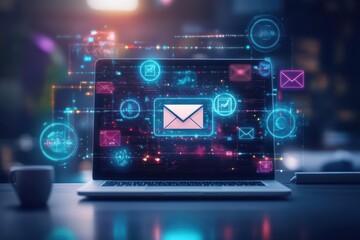 Laptop with multiple email icons displayed on the screen in a modern workspace setting