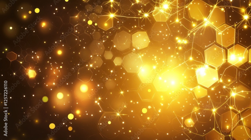 Aufkleber Golden honeycomb pattern with glowing particles and interconnected network