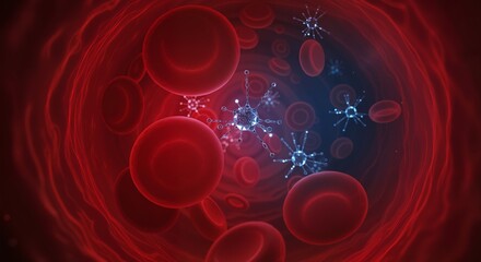 Red blood cells with viruses flow in artery. Medical concept. Medicine and healthcare. Background for banner, poster.