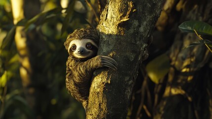 Obraz premium A cute sloth clings to a tree in the jungle