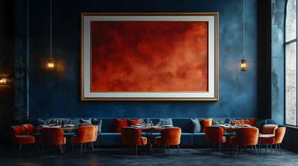 3D Illustration- Restaurant Interior Design, Dining Room, Blue Sofa, Orange Chairs, Abstract Art