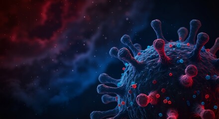 Microscopic virus cell on red blue space background. Disease prevention. Healthcare concept for design, flyer, banner, poster, wallpaper, textile, fabric, interior