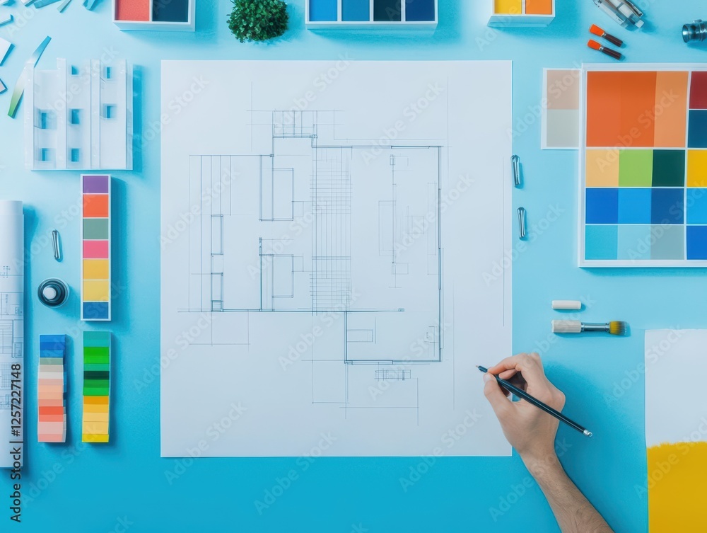 Poster person sketching on paper with pencil in brightly lit workspace