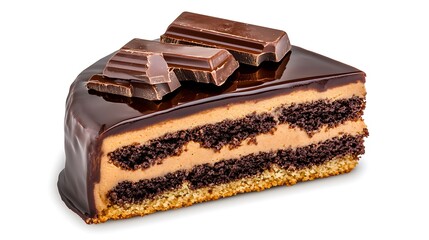 Chocolate Cake Slice With Chocolate Pieces On White Background