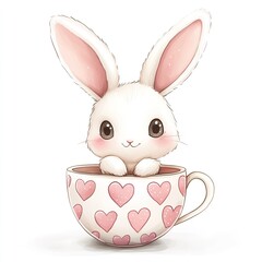 Adorable White Bunny Rabbit in Pink Heart Teacup Cute Cartoon Illustration Lovely Animal Art Sweet Bunny Design Kawaii Style Childrens Illustration   