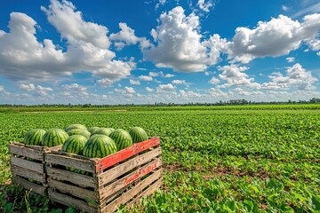 Watermelons Harvested in a Lush Field under a Sunny Sky, Ready for Transport. Fresh Produce on a Farm.
