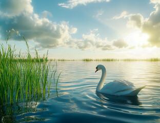 Fototapeta premium A swan gliding across the lake, surrounded by green grass and a bright blue sky with the sun shining through the clouds.