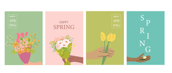 Colorful spring flower designs with multiracial hands holding bouquets and gardening tools.