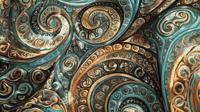 A beautifully detailed abstract design featuring intricate swirling patterns with gold, bronze, and blue hues. The rich texture and ornamental elements create a luxurious and elegant aesthetic