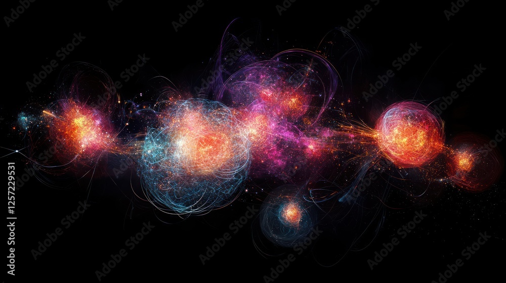 Poster Abstract digital rendering showing colorful interconnected orbs against black