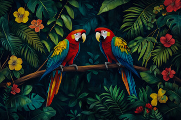 Fototapeta premium A vivid and detailed illustration of two lively parrots perched on a branch in a forest setting.