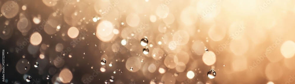 Poster sparkling water droplets float against a blurred golden bokeh background