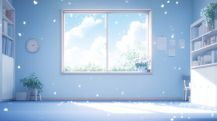 Blue Room with Window and Sunlight: A minimalist room bathed in soft blue light, a large window framing a view of a sunny sky and greenery.  A gentle breeze whispers through the room.