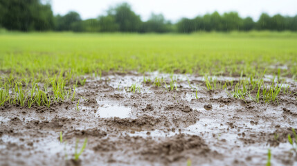 Muddy Meadow After Rain: Close-up view of freshly sprouted grass struggling to emerge from muddy soil, glistening with rainwater after a recent downpour.