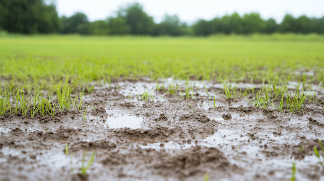 Muddy Meadow After Rain: Close-up view of freshly sprouted grass struggling to emerge from muddy soil, glistening with rainwater after a recent downpour.