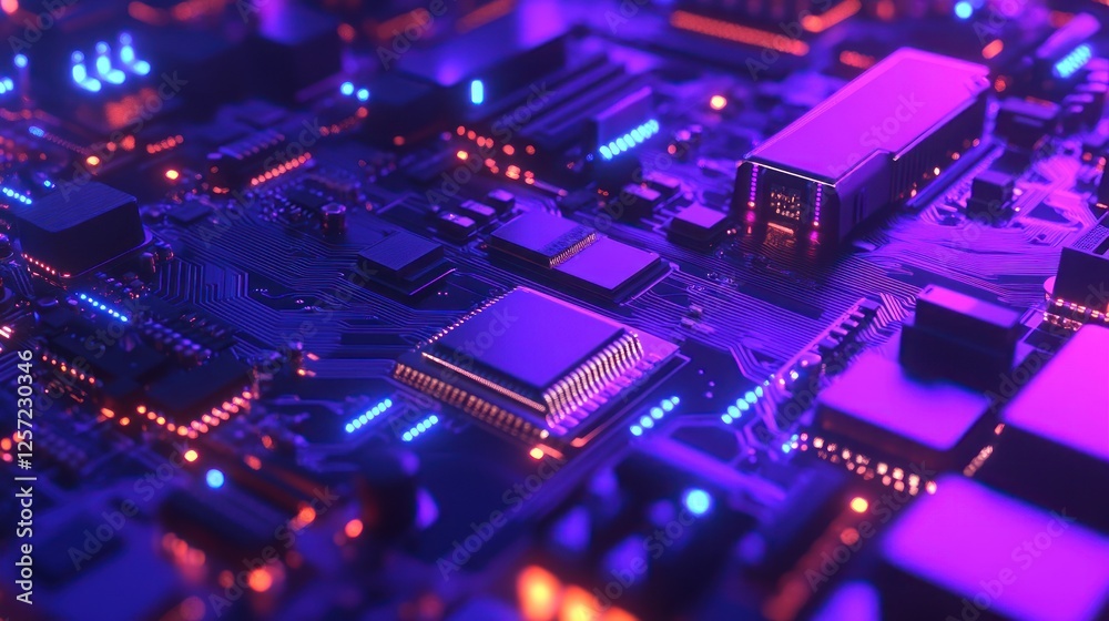 Poster Intricate detail shows illuminated computer motherboard with chips and components