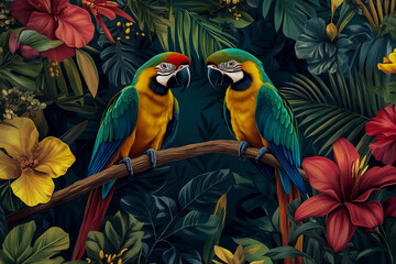 Fototapeta premium A vivid and detailed illustration of two lively parrots perched on a branch in a forest setting.