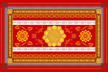 This features vibrant, ornate carpet design with central golden floral motif surrounded by intricate red and gold patterns, symbolizing cultural richness and artistic craftsmanship