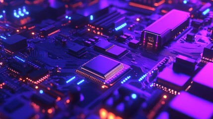 Intricate detail shows illuminated computer motherboard with chips and components