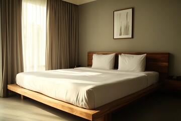Sunlight Illuminates a Modern Bedroom with Wooden Bed and Crisp White Linens, Creating a Serene and Peaceful Atmosphere.