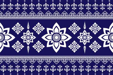 seamless floral pattern with intricate geometric shapes and decorative elements in white on deep blue background, creating traditional and elegant design