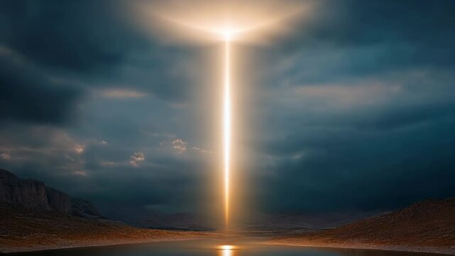 Sky at sunrise with clouds and sun. Heavenly light rays breaking through clouds. Divinity light. Easter morning. Biblical scene, heaven, sign from God. Resurrection and ascension of Christ. Horizontal