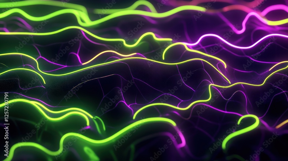 Poster abstract wavy neon lines with purple and green color gradient