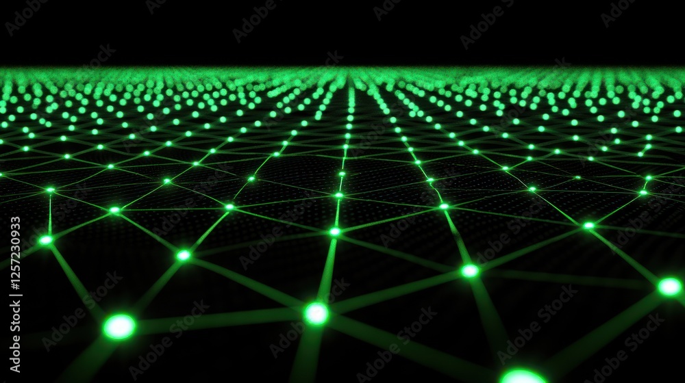 Aufkleber green network of glowing nodes and connecting lines on black