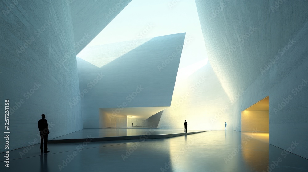 Poster abstract building interior with skylights and figures contemplating space