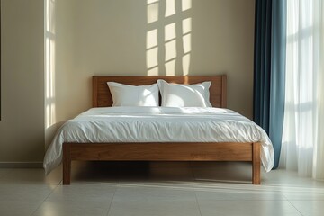 Sunlight Streams Through Window onto Wooden Bed with Crisp White Bedding, Creating a Serene Bedroom Atmosphere.