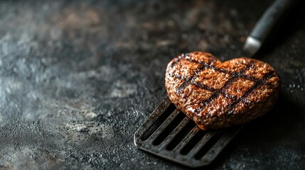 heart shaped beef burger patty on a grilled spatula. dark background place for text. valentines day celebration concept