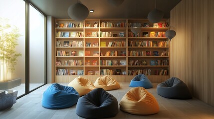 Modern library reading room with beanbag chairs, natural light, and outdoor view
