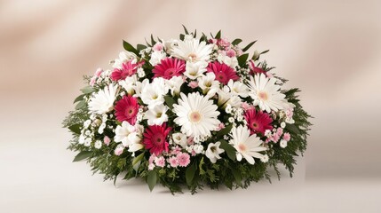 Arrangement of white and pink flowers with green foliage