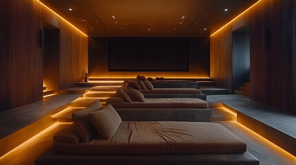 Fototapeta premium Photo: Luxurious Home Theater Interior Design, Ambient Lighting, Tiered Seating