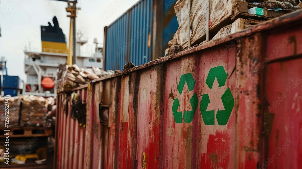 Poster green recycling symbol on a red rusty container
